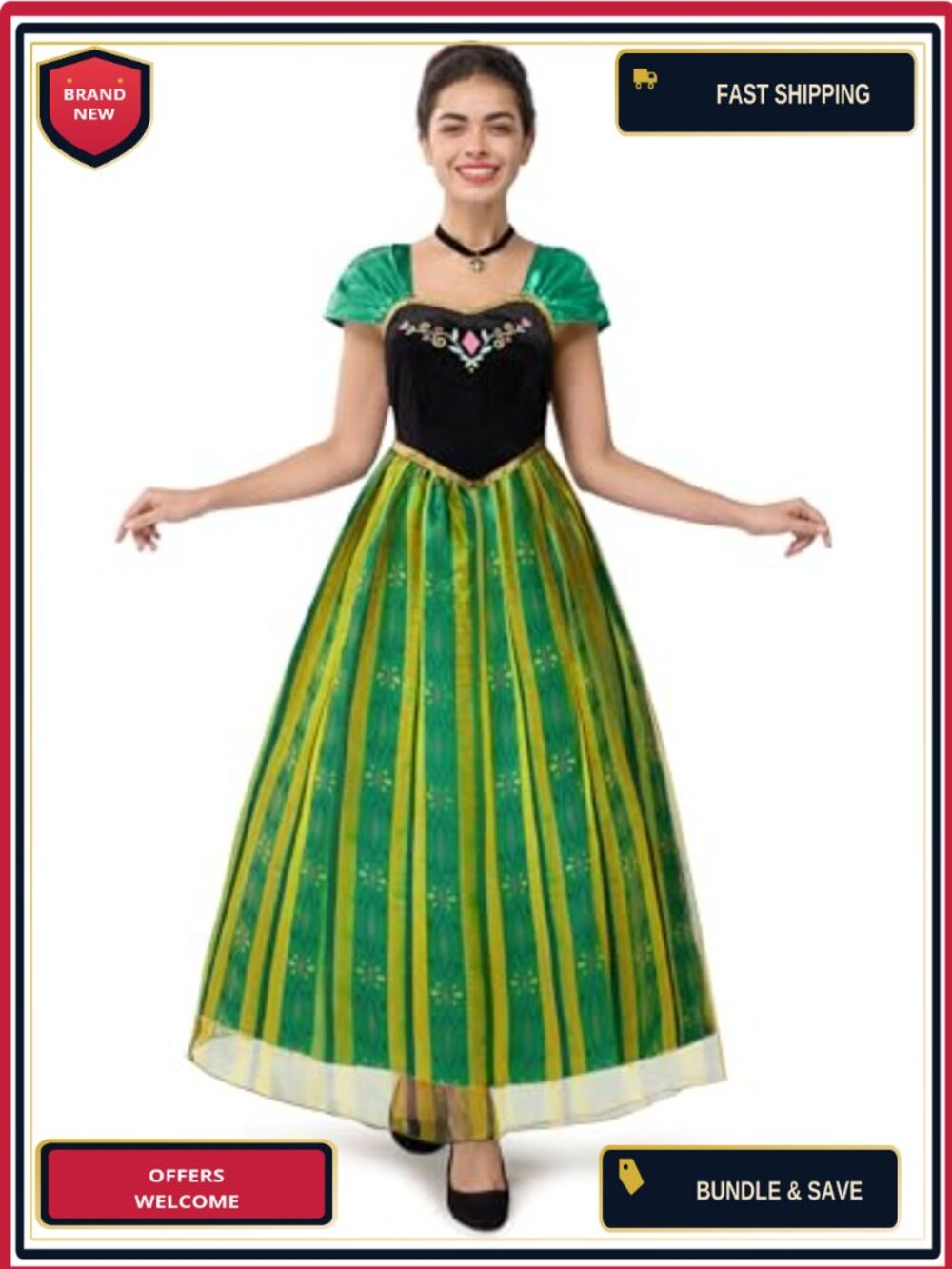 Adult Princess Costume 100% Polyester Embroidered Layered Dress with Necklace